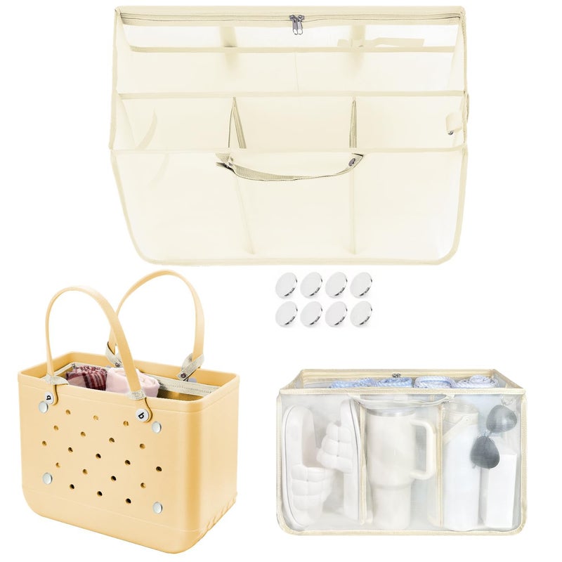 XYFuuee Beach Bag Organizer Inserts for Baby Medium Bogg Bag Accessories with 8 Removable Metal Fasteners, Lightweight Mesh Insert Divider Pouch, Organizing Rubber Tote, Save Storage Space, Khaki M - Image 1