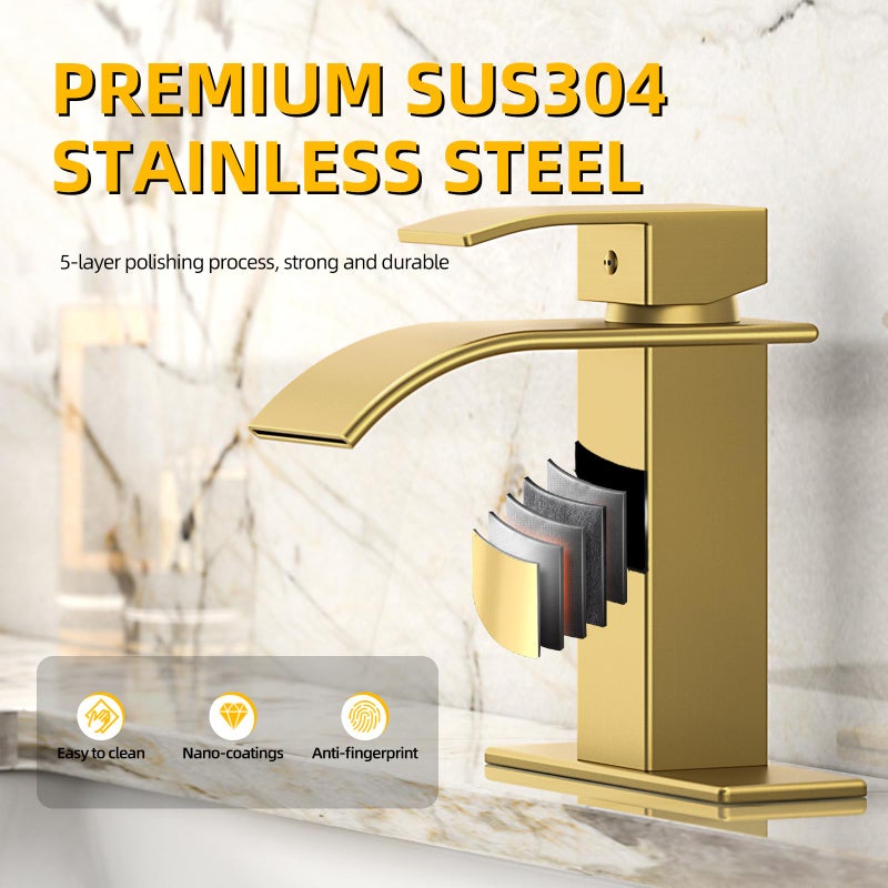 Ryuwanku Bathroom Faucet Brushed Gold Modern Waterfall Bathroom Sink Faucet with Single Handle Suitable for 1 or 3 Holes,Supply Deck Plate and Hoseâ€¦ - Image 2