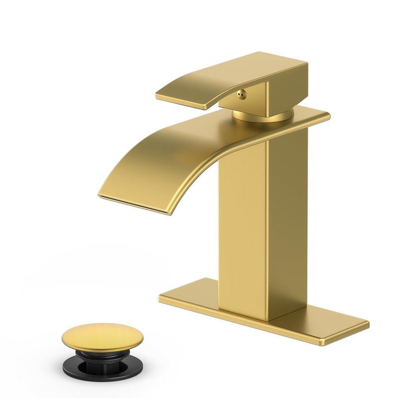 Ryuwanku Bathroom Faucet Brushed Gold Modern Waterfall Bathroom Sink Faucet with Single Handle Suitable for 1 or 3 Holes,Supply Deck Plate and Hoseâ€¦ - Image 1