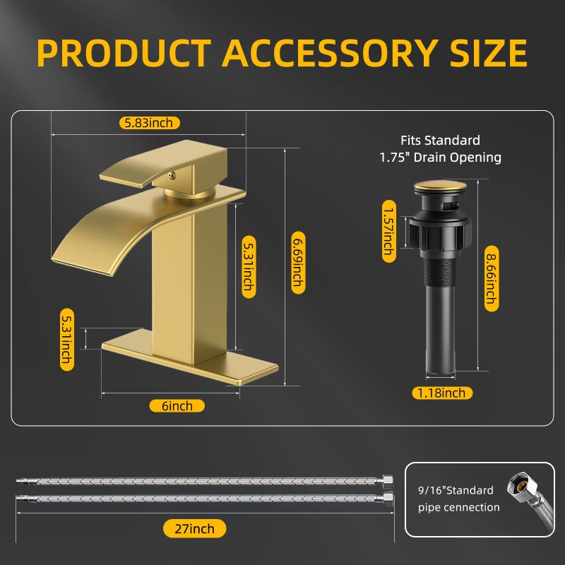 Ryuwanku Bathroom Faucet Brushed Gold Modern Waterfall Bathroom Sink Faucet with Single Handle Suitable for 1 or 3 Holes,Supply Deck Plate and Hoseâ€¦ - Image 4