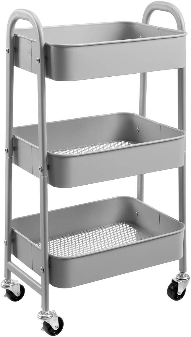 DOEWORKS Storage Trolley on Wheels 3Tier Kitchen Trolley Rolling Beauty Trolleys Craft Trolleys Metal Storage Cart for Bedroom Bathroom Office Grey