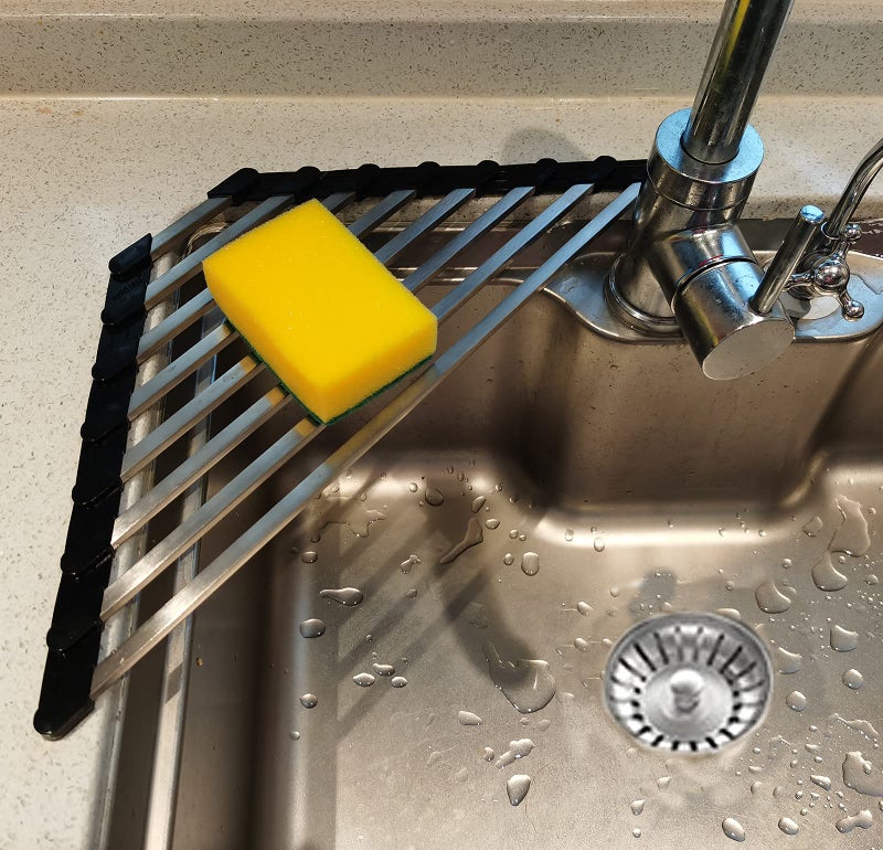 Ahyuan Corner Dish Drainer Over The Sink Drying Rack Corner SUS304 Cubic Stainless Still Kitchen Sponge Holder Corner Sink Sponge Caddy Dish Rack Black