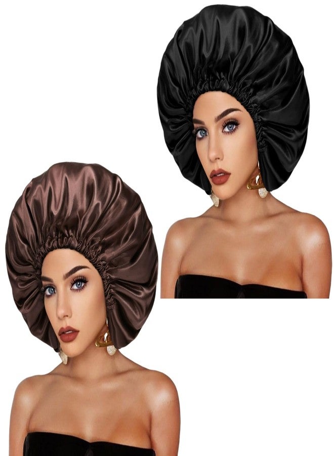 Cospack Satin Bonnet Silk Hair Cap: 2pcs Double Layer Reversible Extra Large Jumbo Adjustable Satin Lined Stainless Oversized Bonnets Sleep Night Cap No Slip-Off for Women Braids Sleeping (Black+Coffee) - Image 2