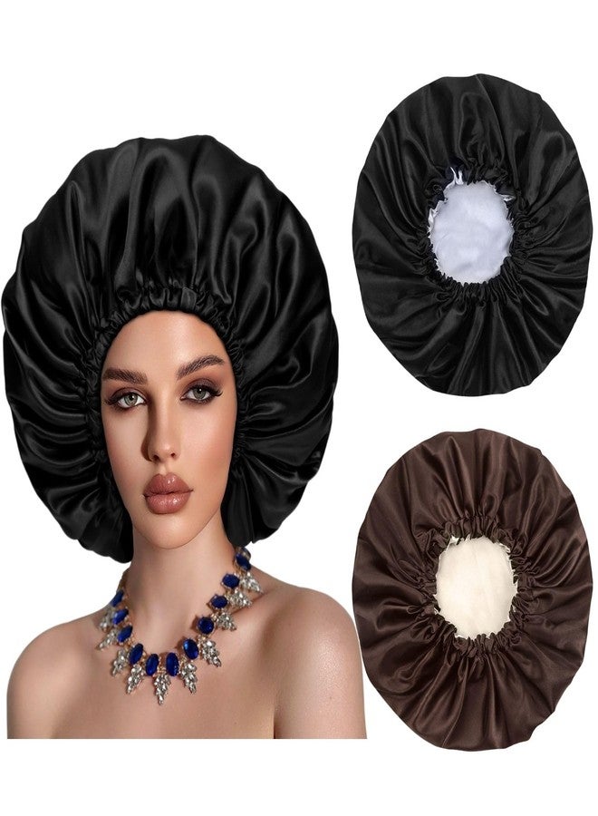 Cospack Satin Bonnet Silk Hair Cap: 2pcs Double Layer Reversible Extra Large Jumbo Adjustable Satin Lined Stainless Oversized Bonnets Sleep Night Cap No Slip-Off for Women Braids Sleeping (Black+Coffee) - Image 1