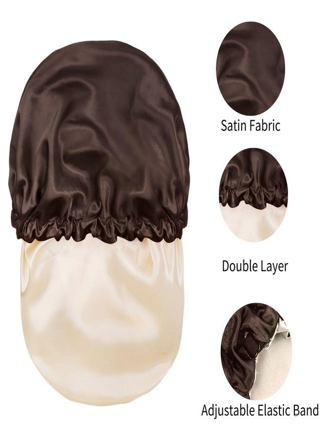 Cospack Satin Bonnet Silk Hair Cap: 2pcs Double Layer Reversible Extra Large Jumbo Adjustable Satin Lined Stainless Oversized Bonnets Sleep Night Cap No Slip-Off for Women Braids Sleeping (Black+Coffee) - Image 4