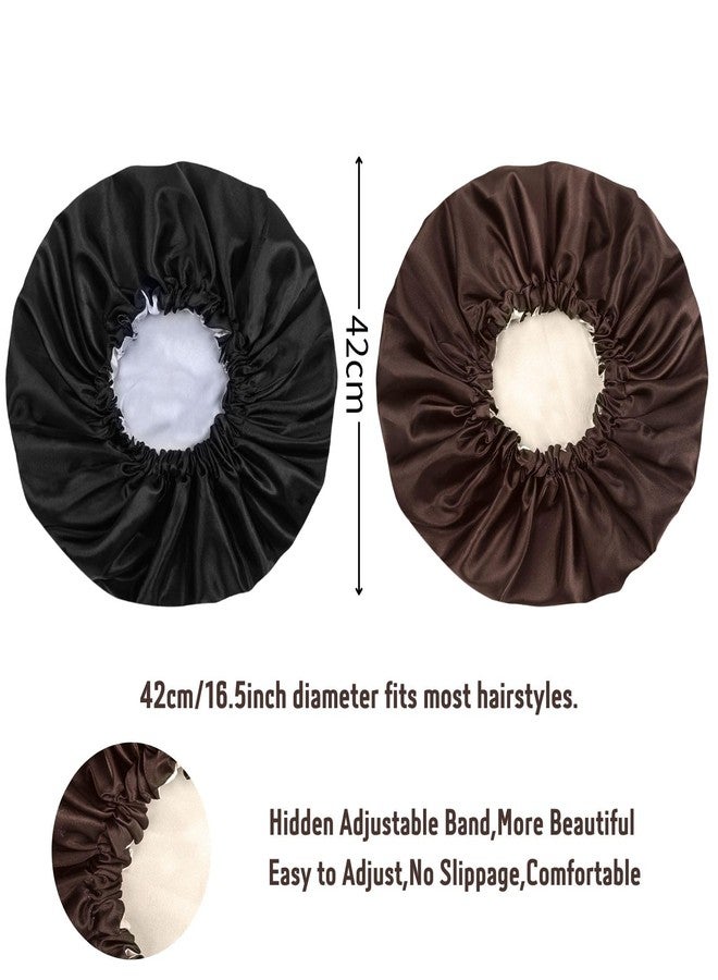 Cospack Satin Bonnet Silk Hair Cap: 2pcs Double Layer Reversible Extra Large Jumbo Adjustable Satin Lined Stainless Oversized Bonnets Sleep Night Cap No Slip-Off for Women Braids Sleeping (Black+Coffee) - Image 3