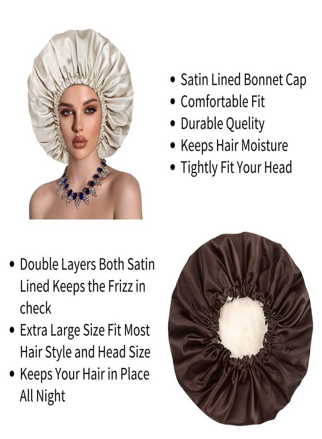 Cospack Satin Bonnet Silk Hair Cap: 2pcs Double Layer Reversible Extra Large Jumbo Adjustable Satin Lined Stainless Oversized Bonnets Sleep Night Cap No Slip-Off for Women Braids Sleeping (Black+Coffee) - Image 5