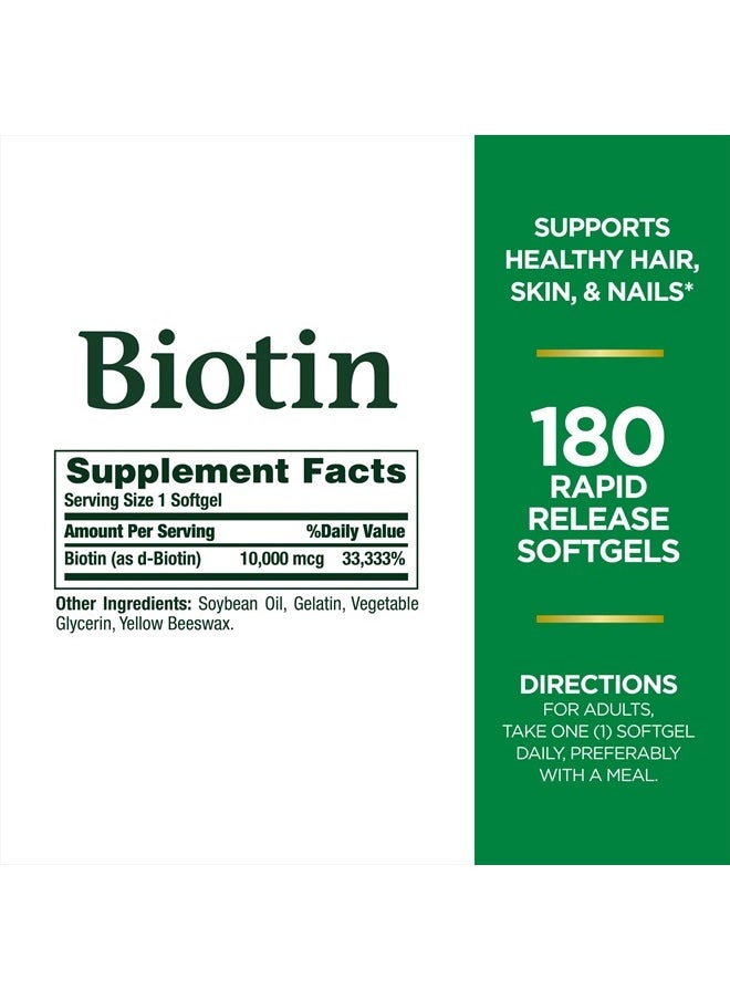 NATURE'S BOUNTY - Biotin, Supports Healthy Hair, Skin and Nails, 10,000 mcg, Rapid Release Softgels, 180 Ct - Image 1