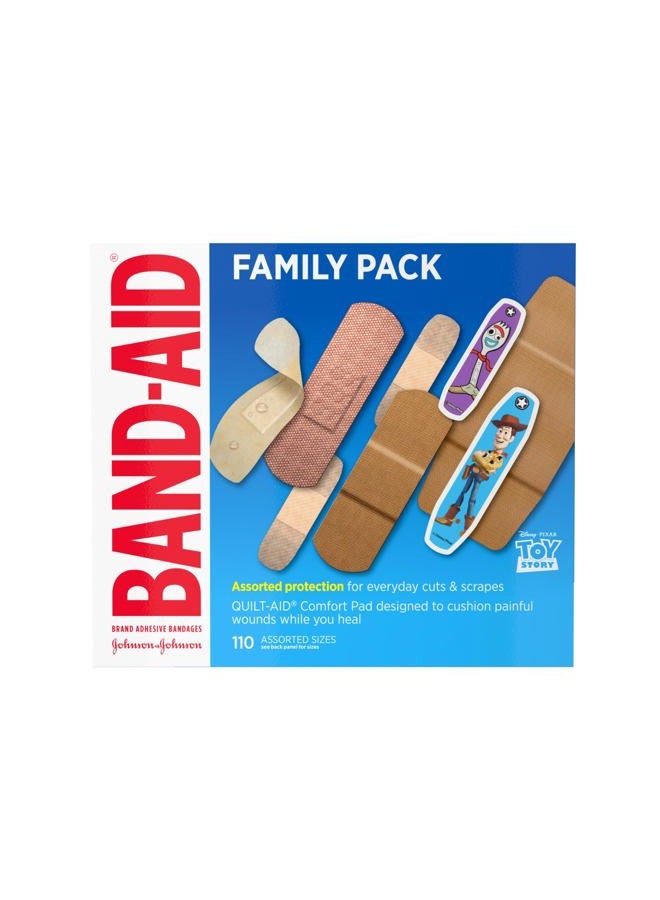 Band-Aid Adhesive Bandage Family Variety Pack in Assorted Sizes Featuring Water Block & Skin Flex, Flexible Fabric, Tough Strips & Pixar Character Bandages, 110 Count - Image 1