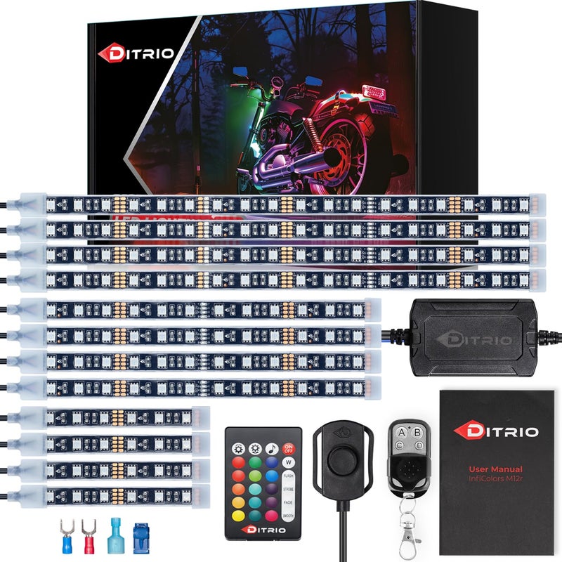 DITRIO 12pcs Underglow RGB LED Strip Light Kit DC 12V with 2 Red Blinking Brake Light Styles for Motorcycles Trikes Golf Carts ATVs UTVs â€“ M12r