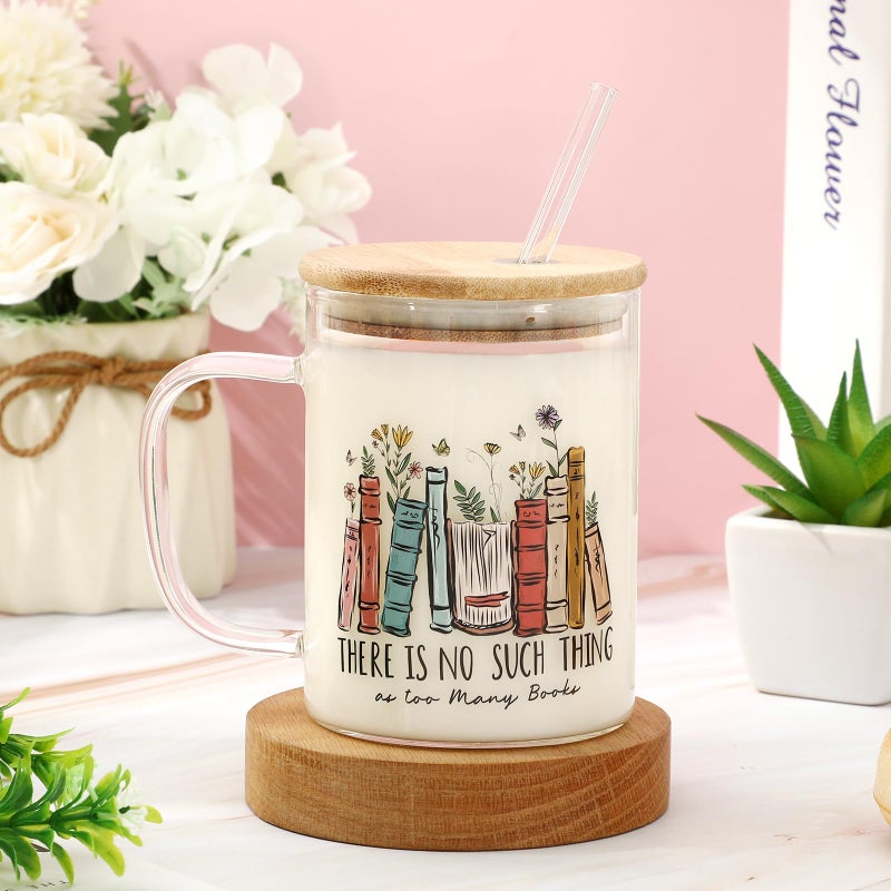 Whaline Glass Mug with Lids and Straw Colorful Book Themed Glass Coffee Cups with Handle Book Flower Drinking Glasses - Image 1