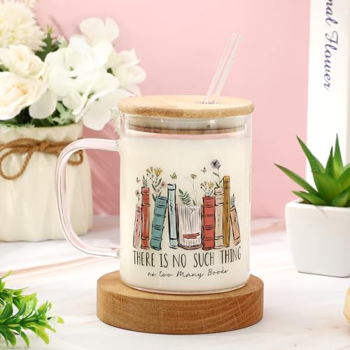 Whaline Glass Mug with Lids and Straw Colorful Book Themed Glass Coffee Cups with Handle Book Flower Drinking Glasses - Image 2