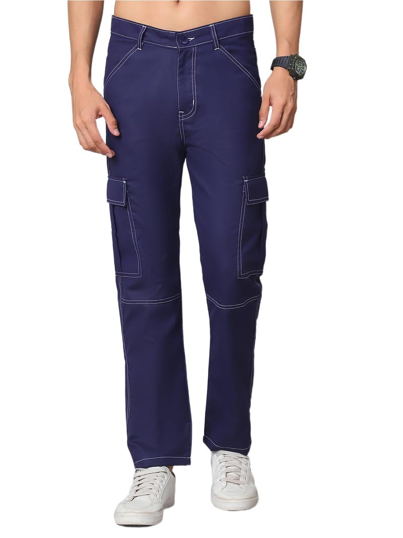 Indian Needle Slim Fit Solid Cargo Trousers for Men in Navy Blue - Image 1