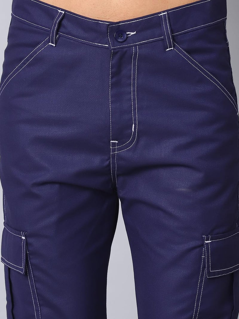 Indian Needle Slim Fit Solid Cargo Trousers for Men in Navy Blue - Image 5