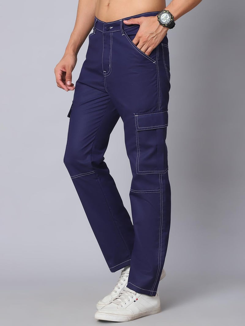 Indian Needle Slim Fit Solid Cargo Trousers for Men in Navy Blue - Image 3