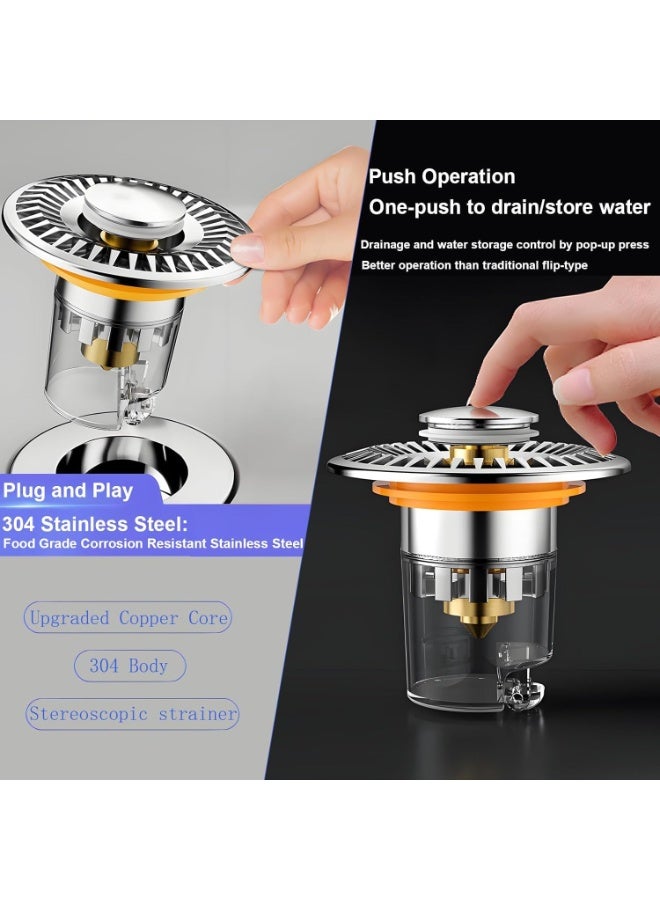 مصفاة وسدادة حوض الحمام – سدادة منبثقة مع قلب نحاسي، مصيدة شعر من الفولاذ المقاوم للصدأ، مانعة للتسرب ومضادة للروائح، مناسبة لمعظم الأحواض - Image 4