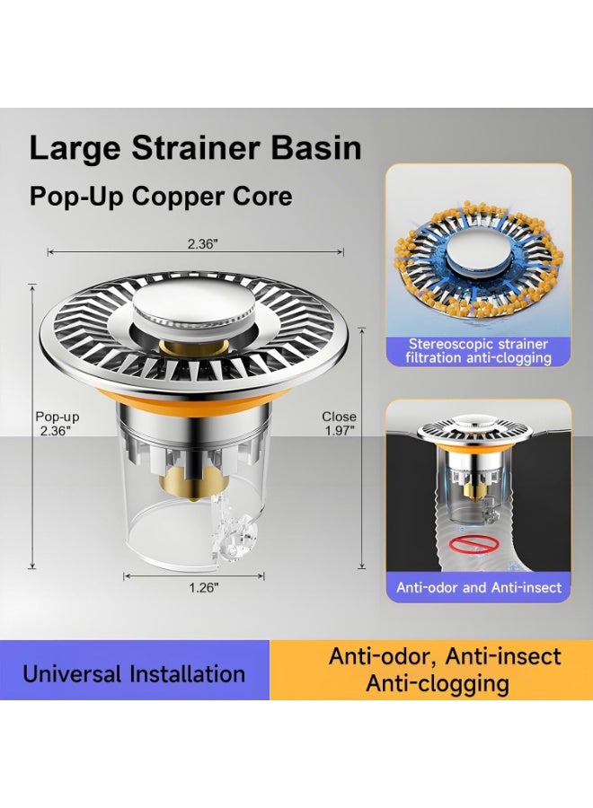 مصفاة وسدادة حوض الحمام – سدادة منبثقة مع قلب نحاسي، مصيدة شعر من الفولاذ المقاوم للصدأ، مانعة للتسرب ومضادة للروائح، مناسبة لمعظم الأحواض - Image 2