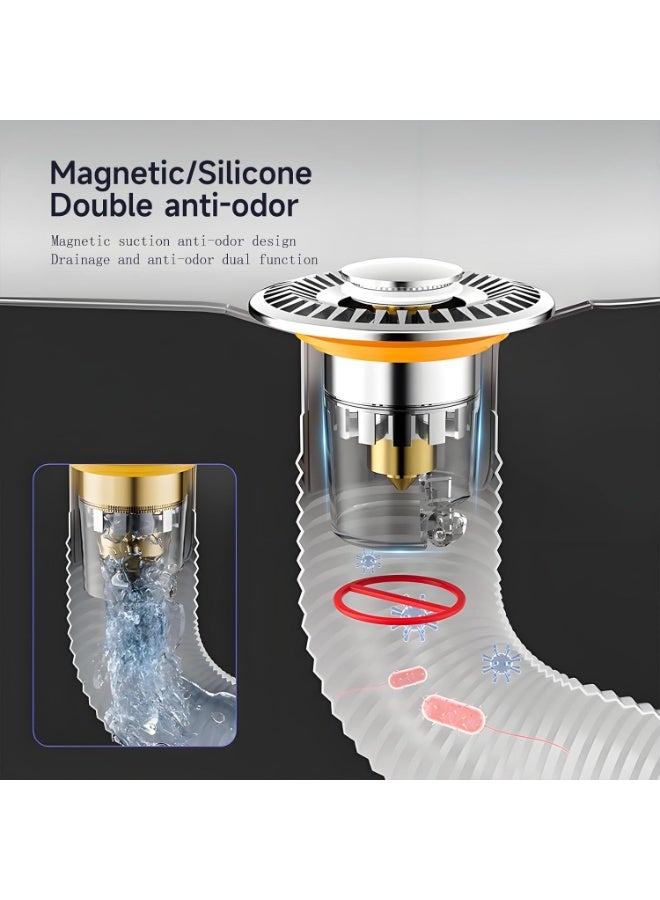 مصفاة وسدادة حوض الحمام – سدادة منبثقة مع قلب نحاسي، مصيدة شعر من الفولاذ المقاوم للصدأ، مانعة للتسرب ومضادة للروائح، مناسبة لمعظم الأحواض - Image 3