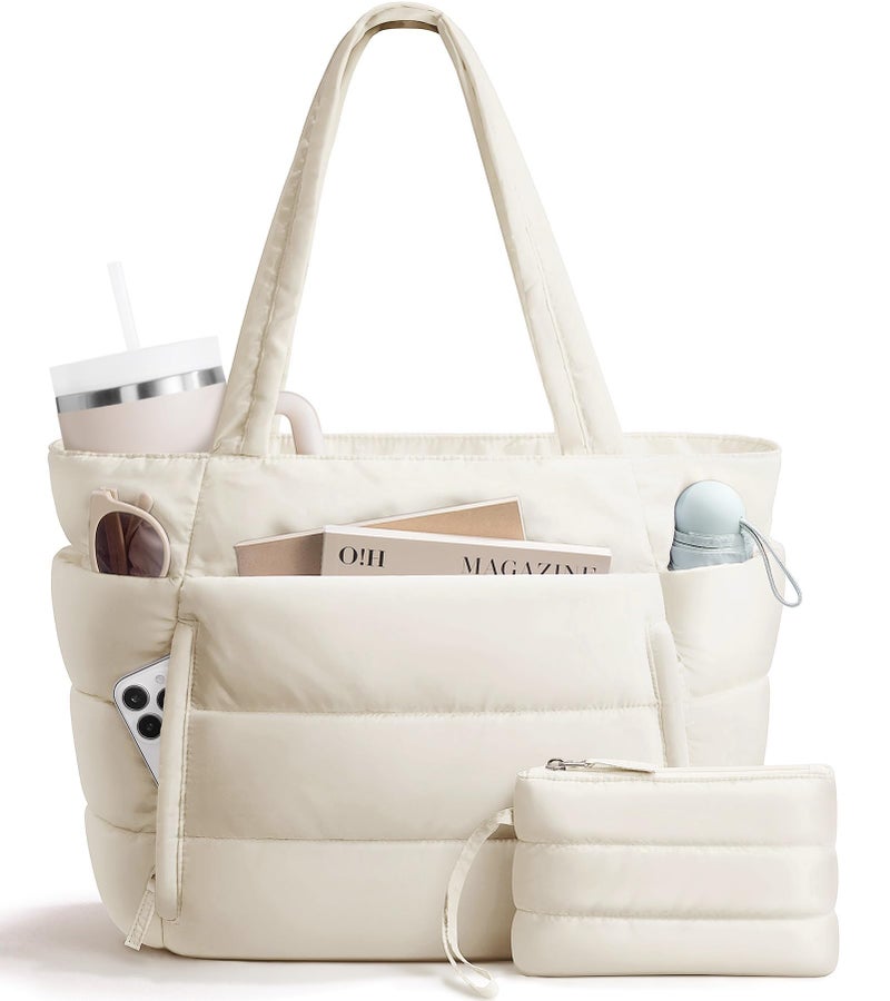 Bagstellar Puffer Tote Bag for Women, Lightweight Puffy Work Handbag Teacher Nurse Quilted Shoulder Bag for School Travel Gym - Image 1