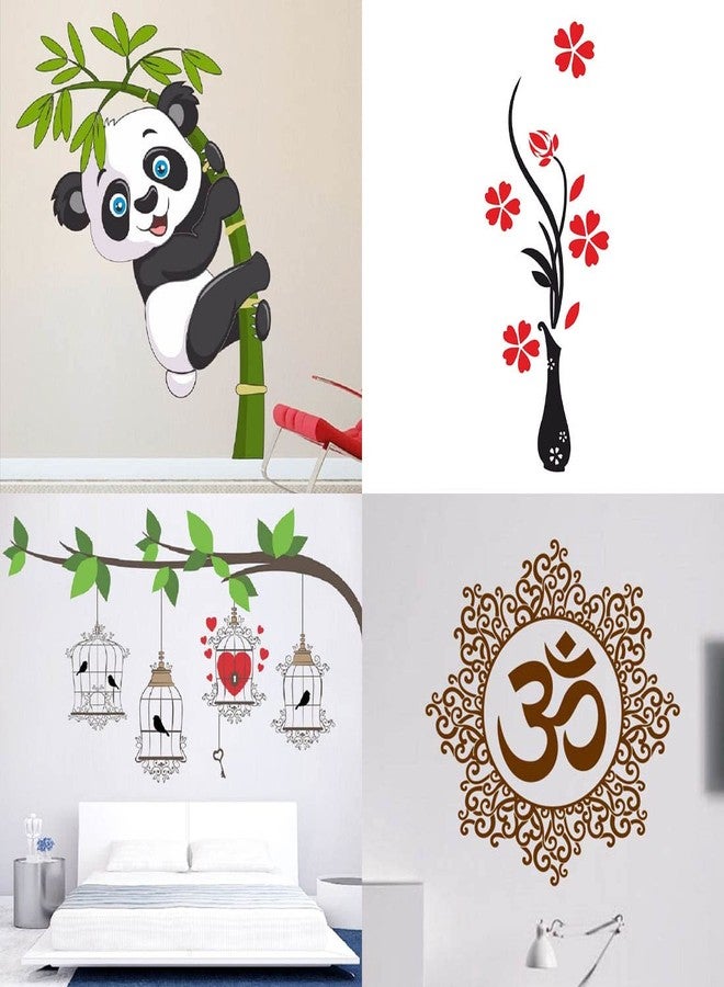 Merical PVC Vinyl Self- Adhesive Baby Panda, Bird Cage Key, Designer Om, Red Flower Vase Wall Stickers for Kids Room Decoration, Home Décor, Living Room, Hall, Bedroom (Pack of 4) - Image 1