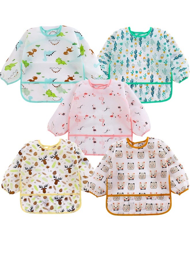 Super ZYouth 5 Pack Baby Long Sleeve Bibs, Toddler Feeding Waterproof Bibs with Great Capacity Pocket, Infant Smock Shirt Bib for Eating, Painting, Playing, Travel  - Image 1