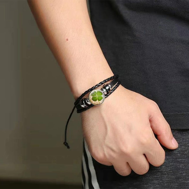 OIDIMS Four Leaf Clover Bracelet for Women Men Irish Shamrock Lucky Flower Charm Beaded Adjustable Bangle Woven Leather Braided Inspired Couple Bracelets Promise Jewelry Gifts St. Patrick's Day (Style 2) - Image 4