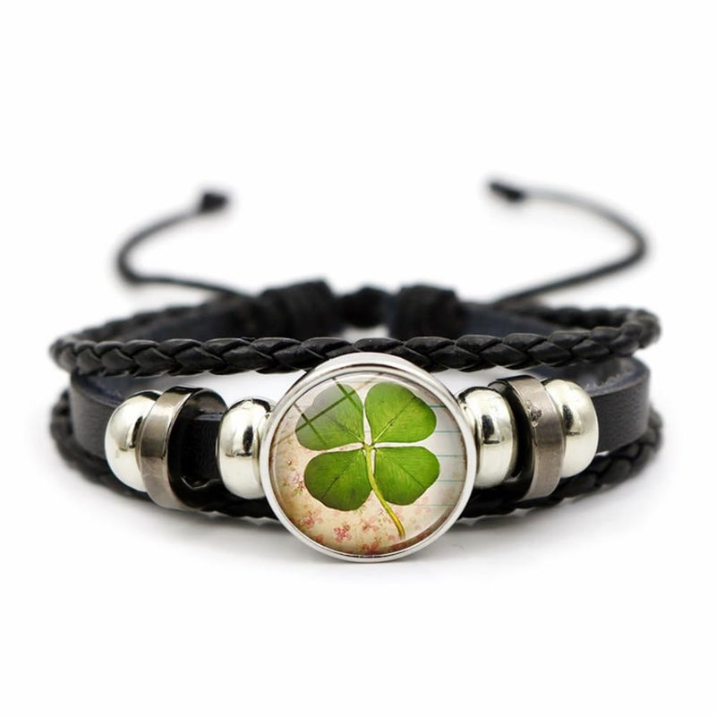 OIDIMS Four Leaf Clover Bracelet for Women Men Irish Shamrock Lucky Flower Charm Beaded Adjustable Bangle Woven Leather Braided Inspired Couple Bracelets Promise Jewelry Gifts St. Patrick's Day (Style 2) - Image 1