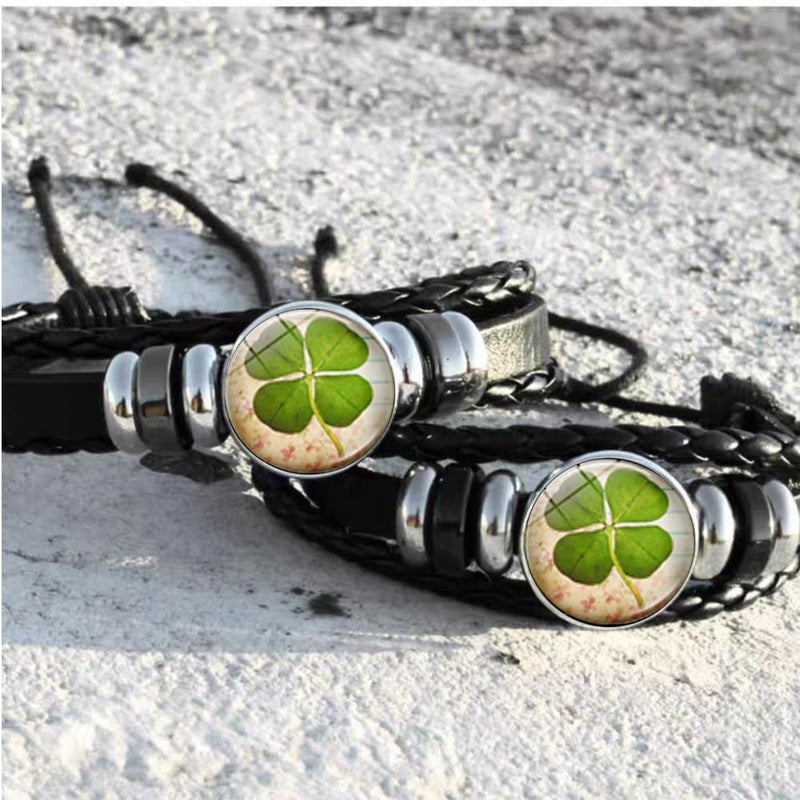 OIDIMS Four Leaf Clover Bracelet for Women Men Irish Shamrock Lucky Flower Charm Beaded Adjustable Bangle Woven Leather Braided Inspired Couple Bracelets Promise Jewelry Gifts St. Patrick's Day (Style 2) - Image 5