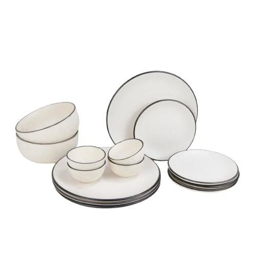 Green Route Matte White Ceramic Dinner Set with Black Border | 14-Piece Stoneware Set for 4 | Microwave & Dishwasher Safe | Bone-Ash Free - Image 1