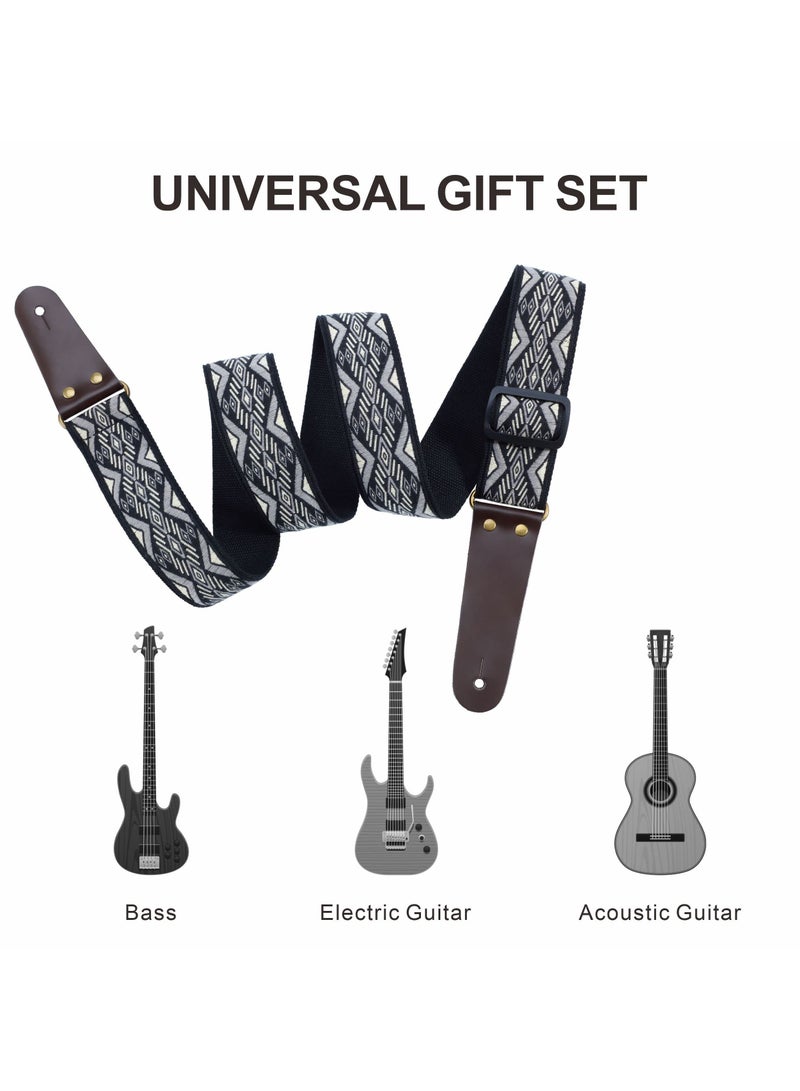 SOLARAE حزام جيتار، أحزمة جيتار قطنية عتيقة مع نهايات جلدية أصلية للجيتار الكهربائي والأكوستيك والبيس، تأتي مع زر حزام مجاني، 1 زوج من أقفال الحزام و4 ريش جيتار - Image 3