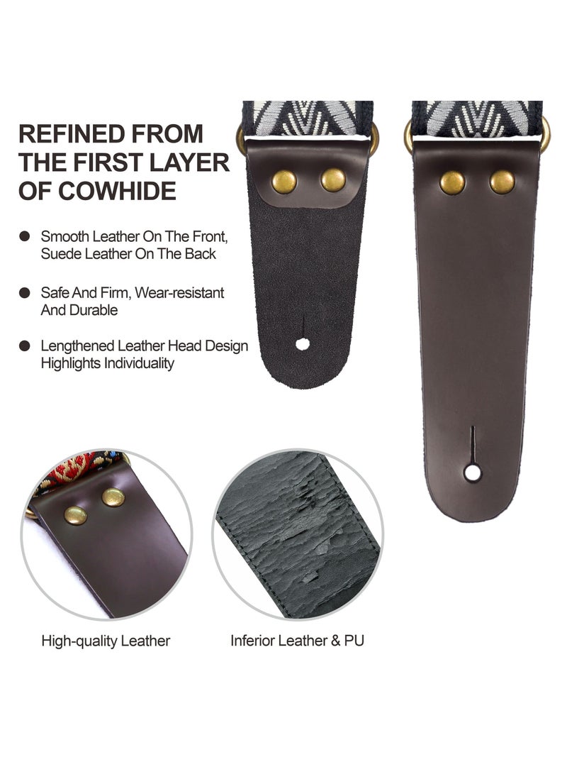 SOLARAE حزام جيتار، أحزمة جيتار قطنية عتيقة مع نهايات جلدية أصلية للجيتار الكهربائي والأكوستيك والبيس، تأتي مع زر حزام مجاني، 1 زوج من أقفال الحزام و4 ريش جيتار - Image 2