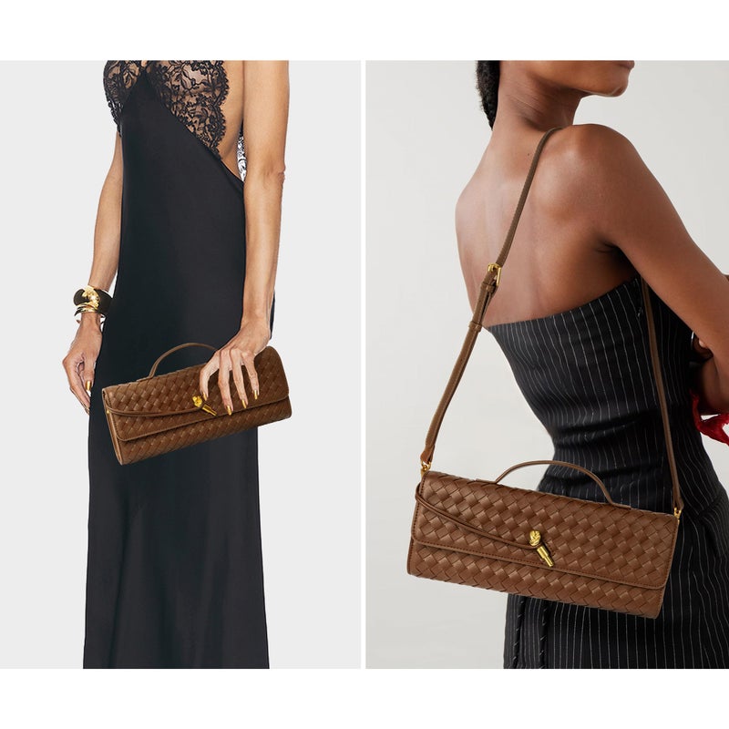 Joryin Woven Purse for Women Evening Clutch Woven Leather Handbags Crossbody Bag Purse Formal Evening bag, Brown - Image 2