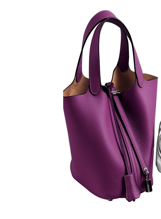 Loquat Litchi Grain Top Layer Cow Skin Bucket Bag Purple  - Image 3