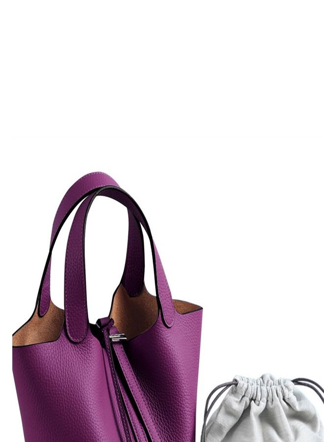 Loquat Litchi Grain Top Layer Cow Skin Bucket Bag Purple  - Image 2