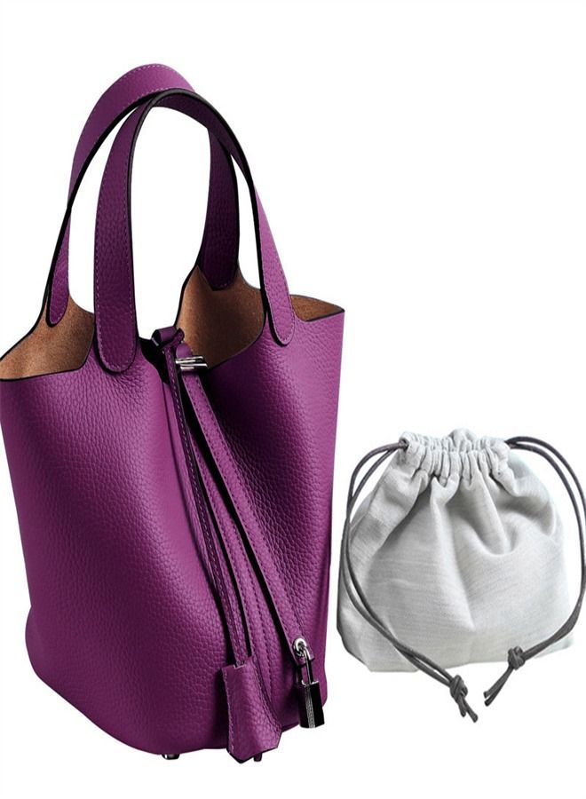 Loquat Litchi Grain Top Layer Cow Skin Bucket Bag Purple  - Image 1