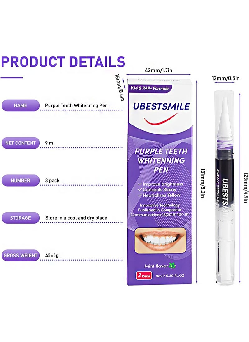 UBESTSMILE Purple Teeth Whitening Pen，Teeth Whitening Gel，V34 Teeth Whitening Pen Kit for Sensitive Teeth，Easy to Use，Brighten Smile，Mess Free Teeth Whitener（3 Pens）  - Image 2