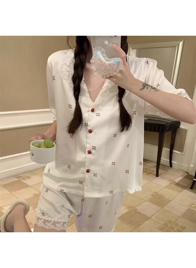 Gujin Summer New Sweet Ice Silk Satin Pajamas Women's Short Sleeve Shorts Long Pants Three-piece Set Lace V-neck Outerwear Home Wear - Image 4