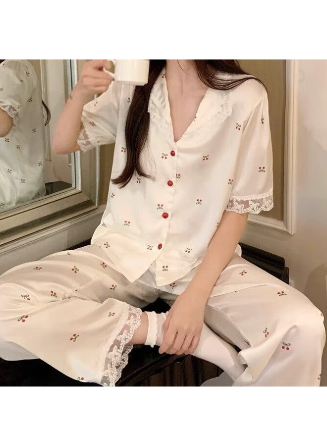 Gujin Summer New Sweet Ice Silk Satin Pajamas Women's Short Sleeve Shorts Long Pants Three-piece Set Lace V-neck Outerwear Home Wear - Image 3