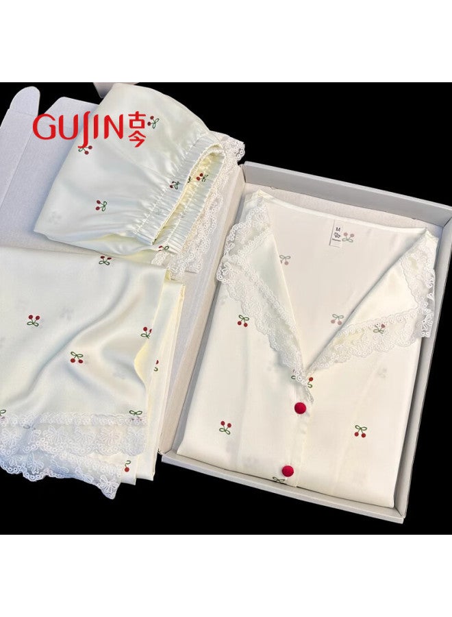 Gujin Summer New Sweet Ice Silk Satin Pajamas Women's Short Sleeve Shorts Long Pants Three-piece Set Lace V-neck Outerwear Home Wear - Image 2