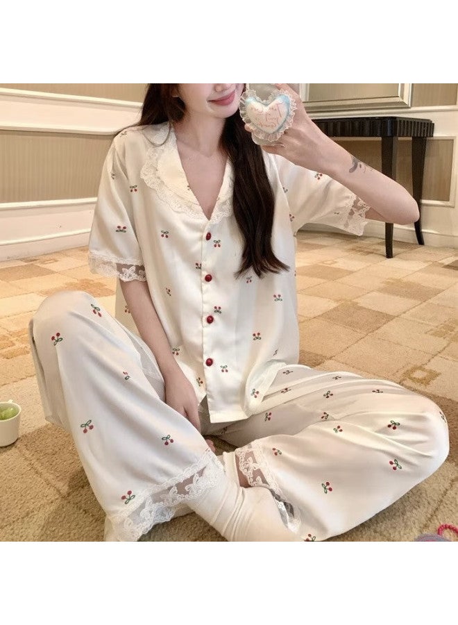 Gujin Summer New Sweet Ice Silk Satin Pajamas Women's Short Sleeve Shorts Long Pants Three-piece Set Lace V-neck Outerwear Home Wear - Image 1