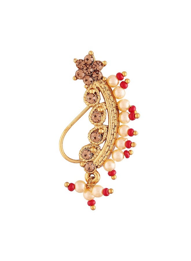 I Jewels I Jewels Gold Plated Traditional Ethnic Bridal Maharashtrian Nose Ring/Nath without piercing Encased with Pearl Stone for Women/Girls (NL45M)  - Image 1