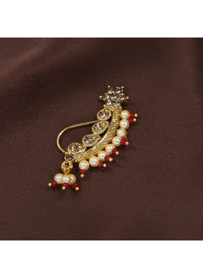 I Jewels I Jewels Gold Plated Traditional Ethnic Bridal Maharashtrian Nose Ring/Nath without piercing Encased with Pearl Stone for Women/Girls (NL45M)  - Image 2