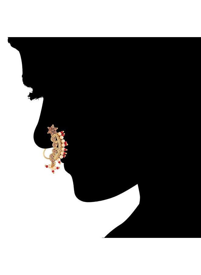 I Jewels I Jewels Gold Plated Traditional Ethnic Bridal Maharashtrian Nose Ring/Nath without piercing Encased with Pearl Stone for Women/Girls (NL45M)  - Image 3