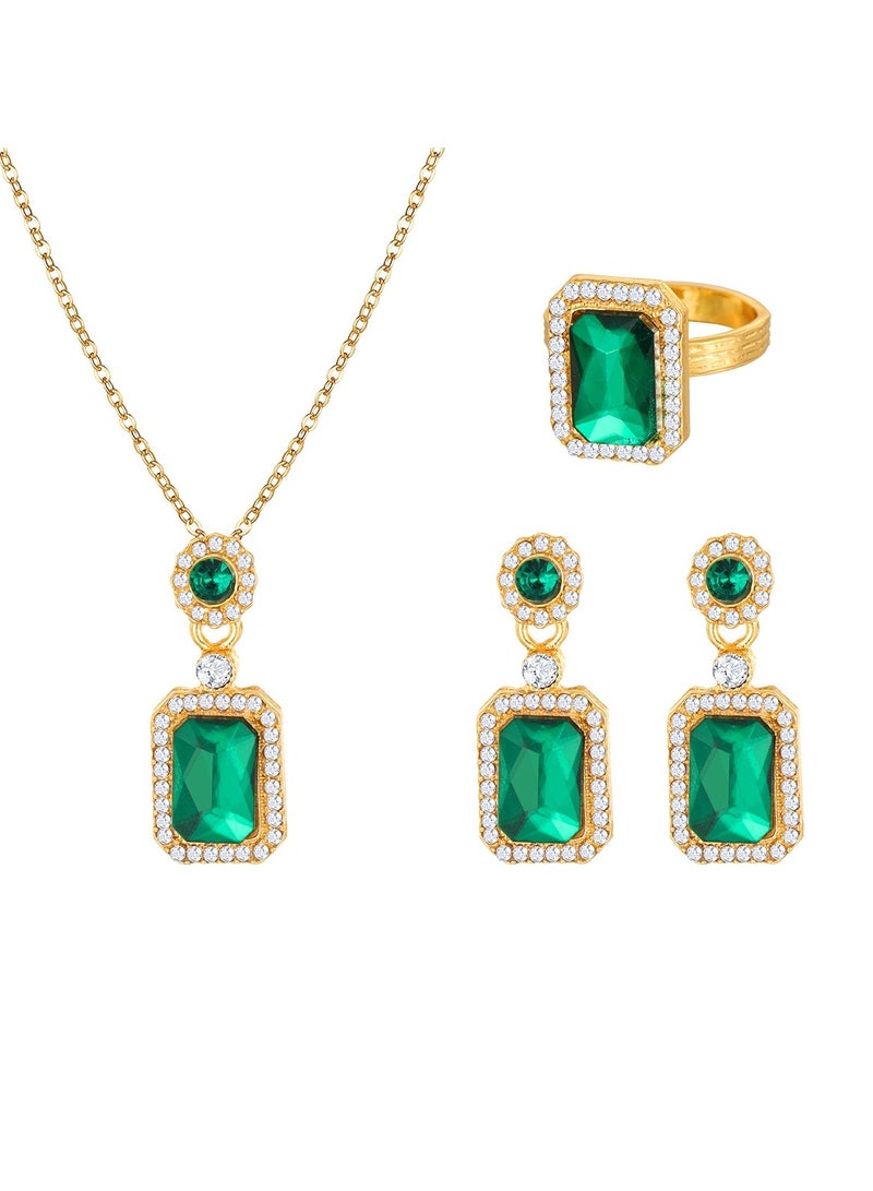 Huitich Elegant Green Crystal Jewelry Set Necklace, Earrings & Ring Adjustable necklace (42.5cm + 5.5cm) Stylish dangle earrings (3.2cm x 1.8cm) Pendant (3.2cm) Chic ring (Size 6.5) - Image 1