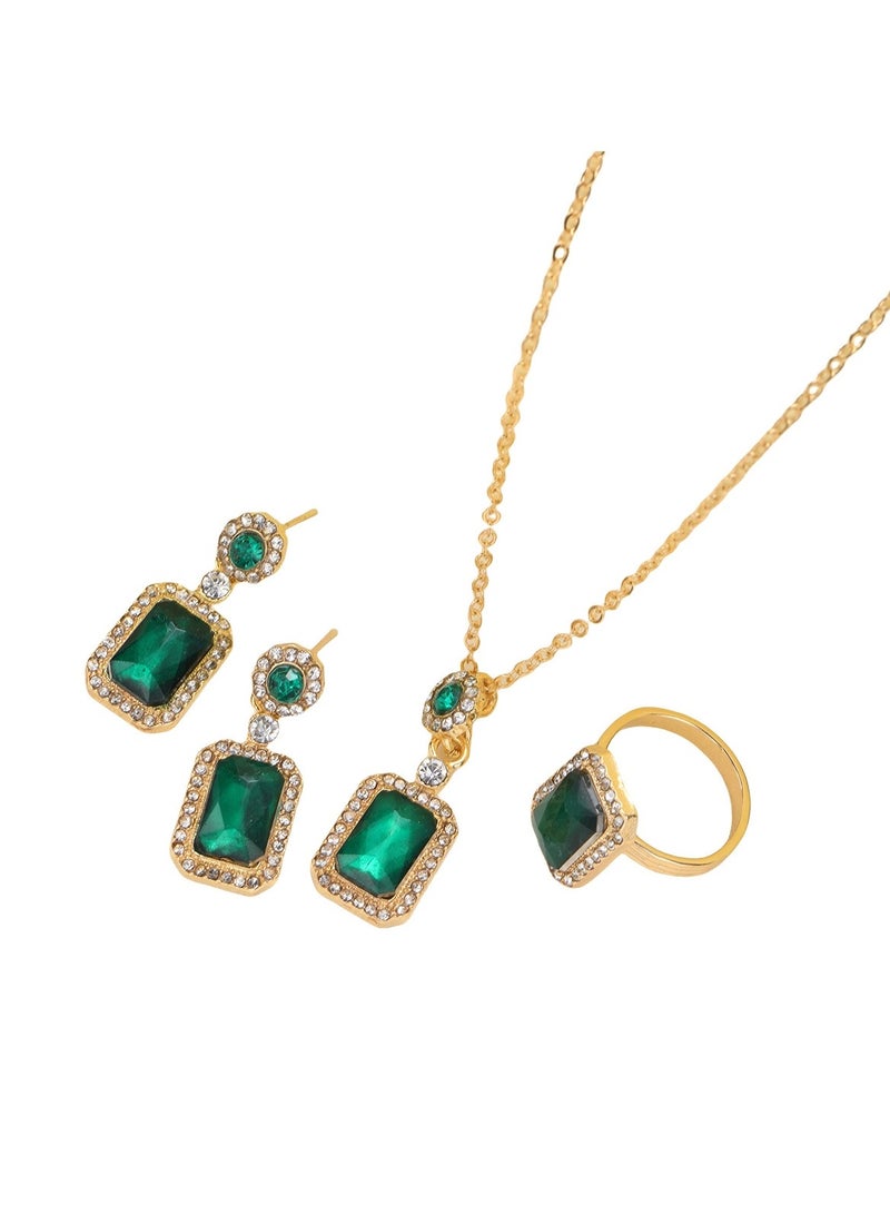 Huitich Elegant Green Crystal Jewelry Set Necklace, Earrings & Ring Adjustable necklace (42.5cm + 5.5cm) Stylish dangle earrings (3.2cm x 1.8cm) Pendant (3.2cm) Chic ring (Size 6.5) - Image 3