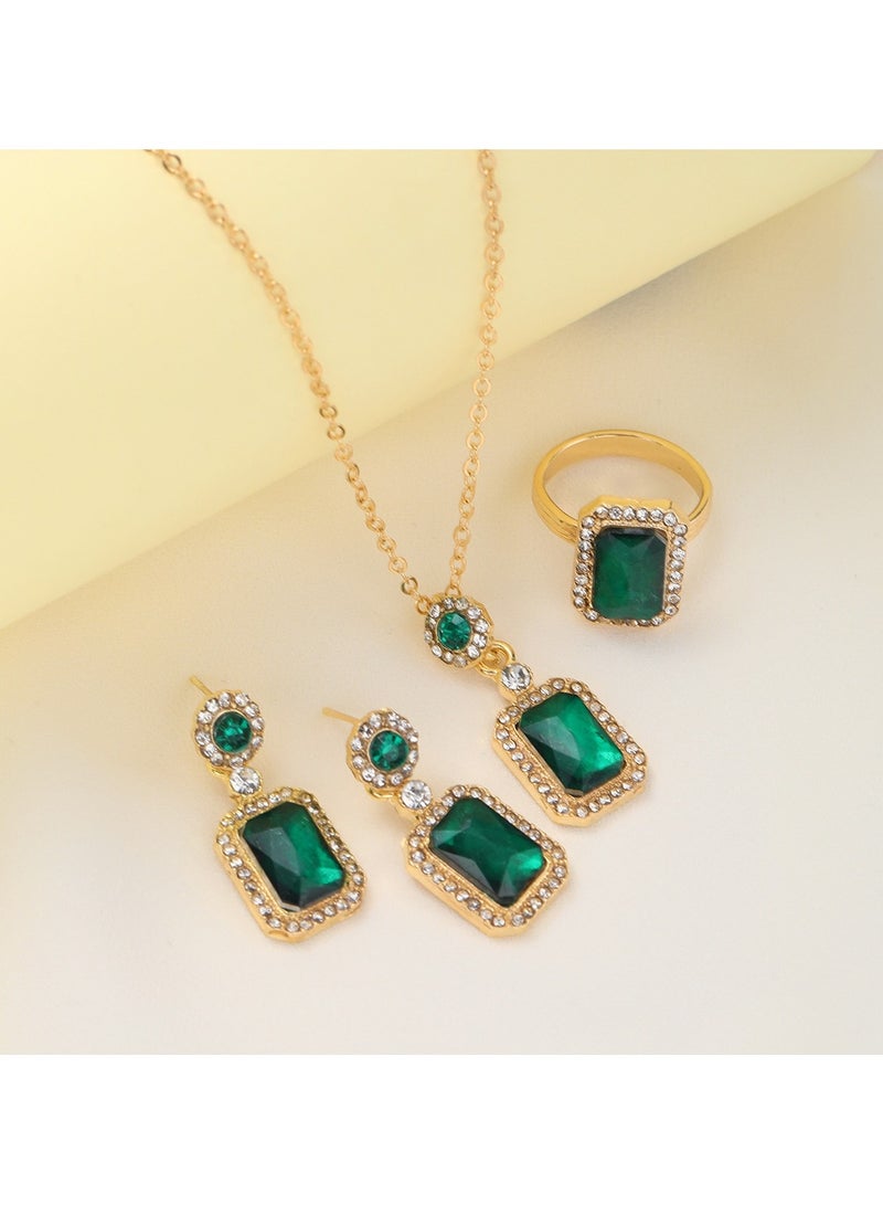 Huitich Elegant Green Crystal Jewelry Set Necklace, Earrings & Ring Adjustable necklace (42.5cm + 5.5cm) Stylish dangle earrings (3.2cm x 1.8cm) Pendant (3.2cm) Chic ring (Size 6.5) - Image 4