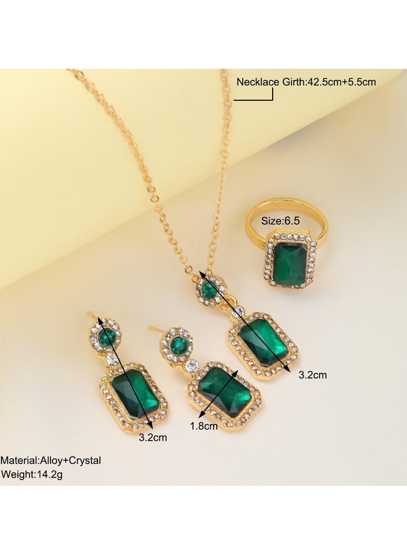 Huitich Elegant Green Crystal Jewelry Set Necklace, Earrings & Ring Adjustable necklace (42.5cm + 5.5cm) Stylish dangle earrings (3.2cm x 1.8cm) Pendant (3.2cm) Chic ring (Size 6.5) - Image 2