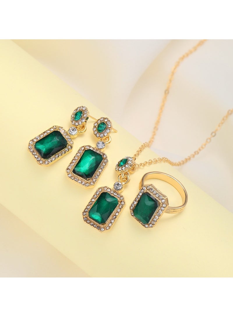 Huitich Elegant Green Crystal Jewelry Set Necklace, Earrings & Ring Adjustable necklace (42.5cm + 5.5cm) Stylish dangle earrings (3.2cm x 1.8cm) Pendant (3.2cm) Chic ring (Size 6.5) - Image 5