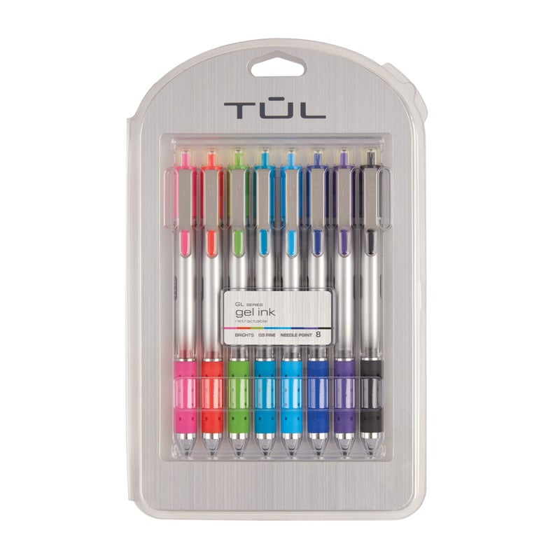 TUL Retractable Gel Pens, Needle Point, 0.5 mm, Gray Barrel, Assorted Bright Ink Colors, Pack Of 8 - Image 1