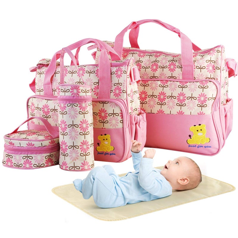 Moclever 5PCS Diaper Bag Tote Set for Baby Essentials Large Baby Bags for Mom Waterproof Maternity Bags with Bottle Bag Food Bag Changing Pad Pink 